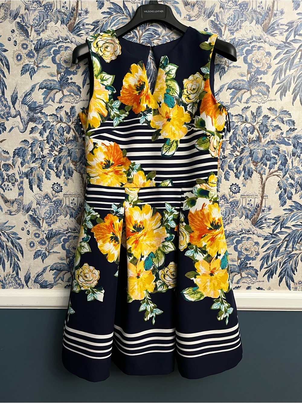 dressbarn Navy Floral Fit-and-Flare Midi Dress with Yellow Flowers